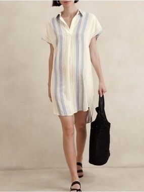 Banana Republic Factory Linen Blend Popover Dress Light Blue Stripe | XXL | GUC
